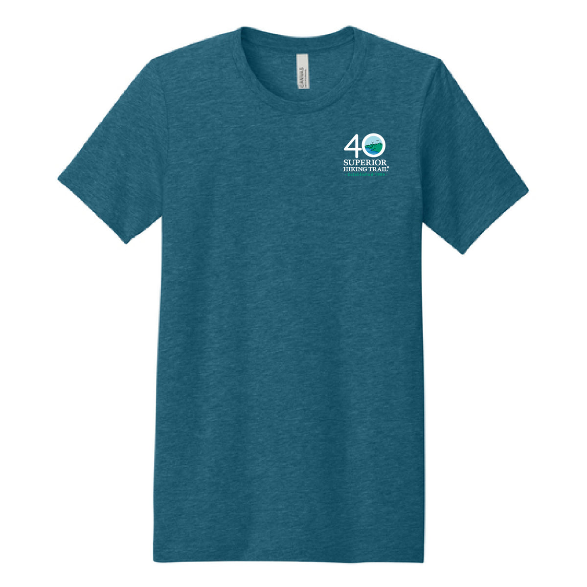 Superior Hiking Trail 40th Anniversary Unisex T-Shirt in Pine, Clay, Deep Teal, and Heather Storm