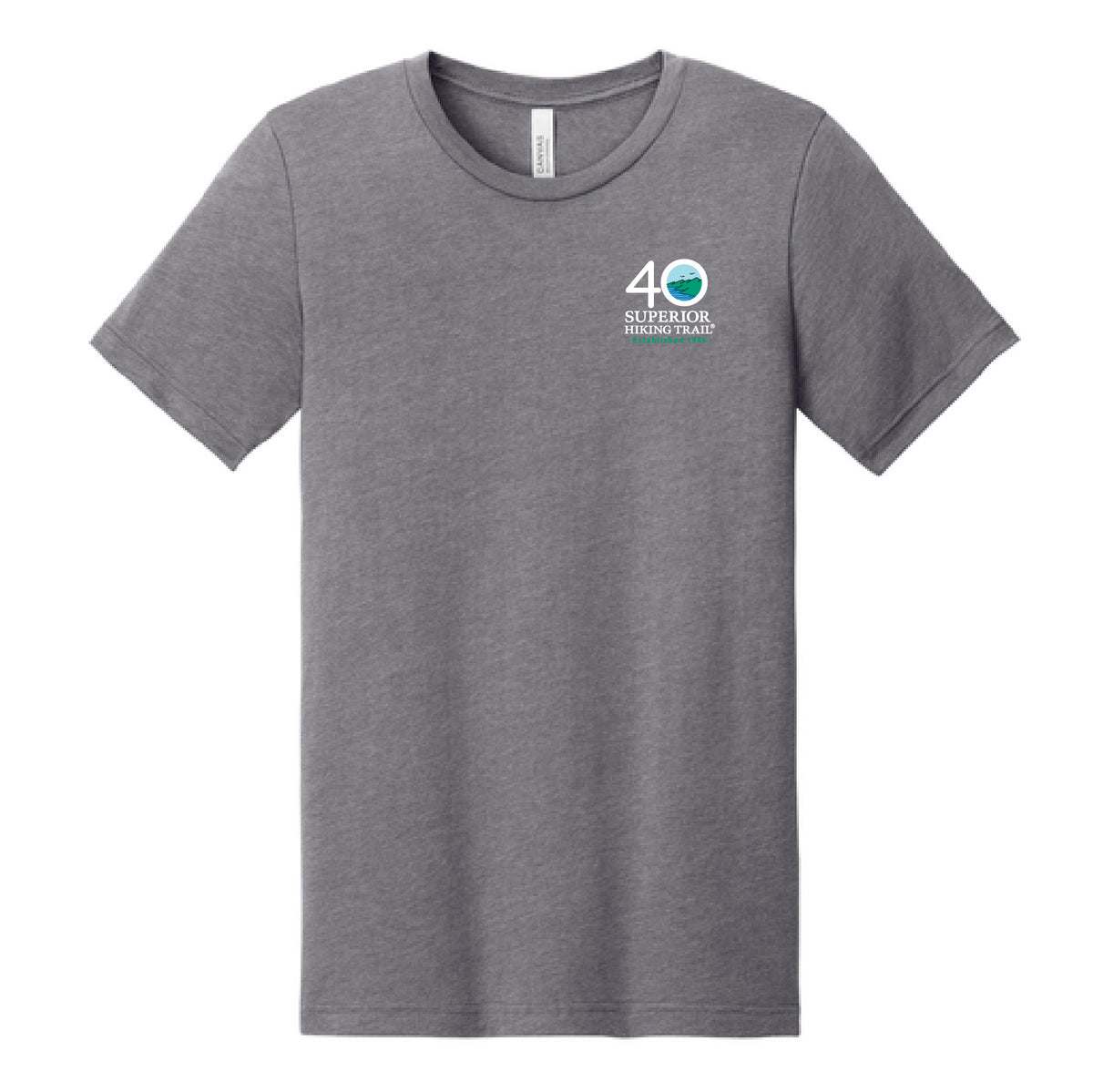 Superior Hiking Trail 40th Anniversary Unisex T-Shirt in Pine, Clay, Deep Teal, and Heather Storm