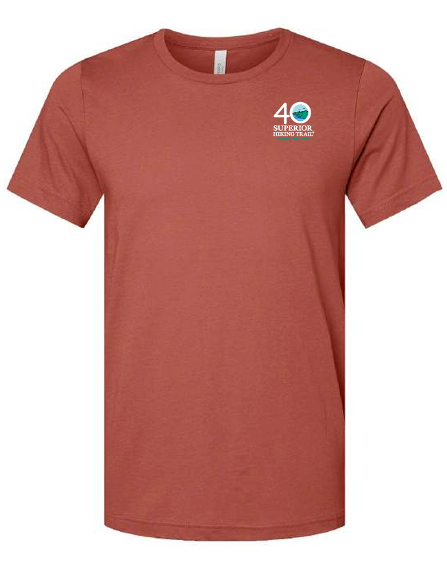 Superior Hiking Trail 40th Anniversary Unisex T-Shirt in Pine, Clay, Deep Teal, and Heather Storm